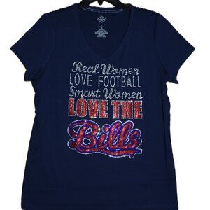 Bills Real Women Love Football rhinestone Navy V short sleeve shirt XS S M L XL…